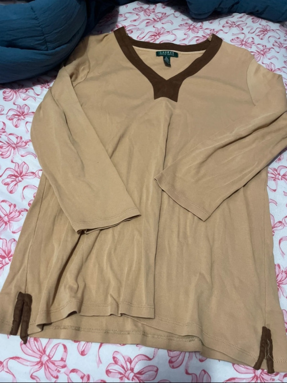 Lauren Ralph Lauren Tan V-Neck Sweater with Brown Trim